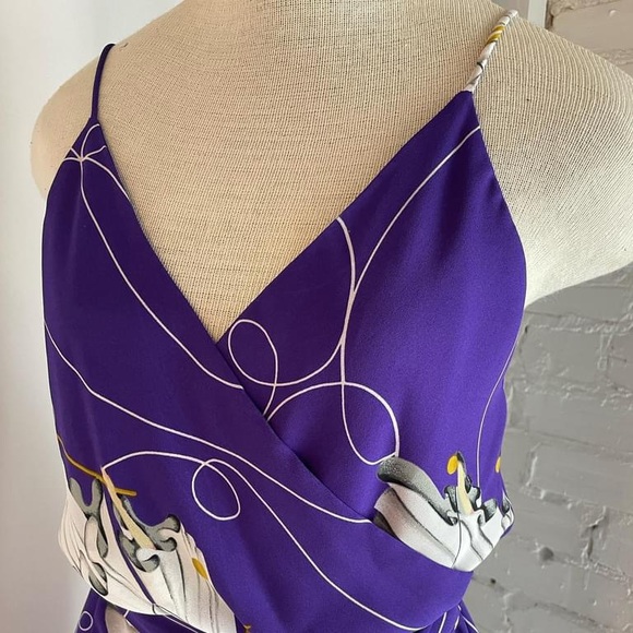 70s/80s sundress in royal purple with mustard accents, featuring Pierrot images. - Picture 2 of 5
